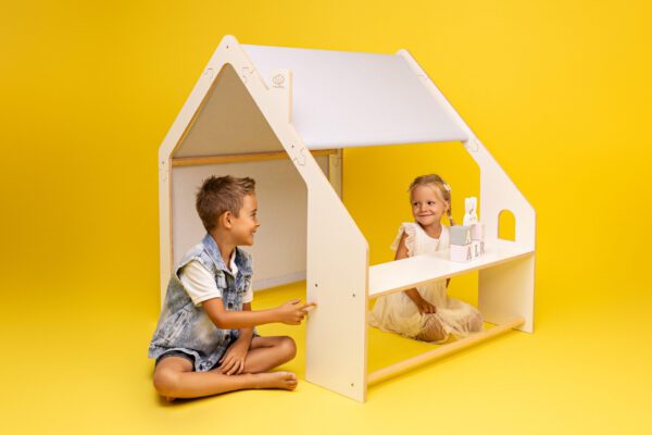 MeowBaby® Laste Naturaalsest Puidust Mängumaja - Roosa Katus - Pilt 4